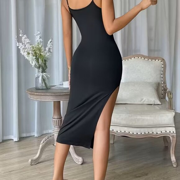 Black Women’s Spaghetti Strap Bodycon Maxi Dress Sexy Slit Cocktail Evening - Picture 6 of 7